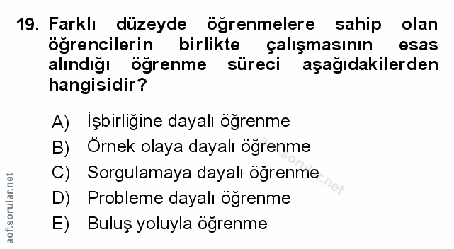 19. soru: Farklı düzeyde öğrenmelere sahip olan öğrencilerin birlikte çalışmasının esas alındığı öğrenme süreci aşağıdakilerden…