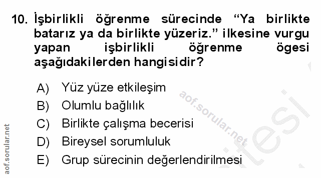 10. soru: İşbirlikli öğrenme sürecinde "Ya birlikte batarız ya da birlikte yüzeriz." ilkesine vurgu yapan işbirlikli öğrenme ög…