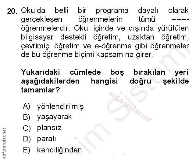 20. soru: Okulda belli bir programa dayalı olarak gerçekleşen öğrenmelerin tümü öğrenmelerdir. Okul içinde ve dışında yürütülen…