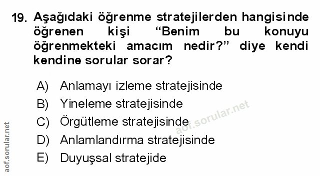 19. soru: Aşağıdaki öğrenme stratejilerden hangisinde öğrenen kişi "Benim bu konuyu öğrenmekteki amacım nedir?" diye kendi kend…