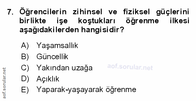 7. soru: Öğrencilerin zihinsel ve fiziksel güçlerini birlikte işe koştukları öğrenme ilkesi aşağıdakilerden hangisidir? A) Yaş…