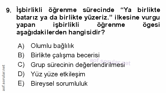9. soru: İşbirlikli öğrenme sürecinde "Ya birlikte batarız ya da birlikte yüzeriz." ilkesine vurgu yapan işbirlikli öğrenme ög…