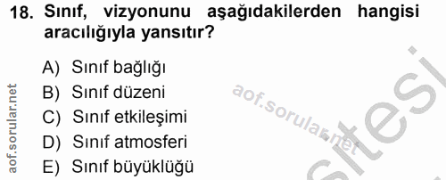 18. soru: Sınıf, vizyonunu aşağıdakilerden hangisi aracılığıyla yansıtır? A) Sınıf bağlığı B) Sınıf düzeni C) Sınıf etkileşimi…