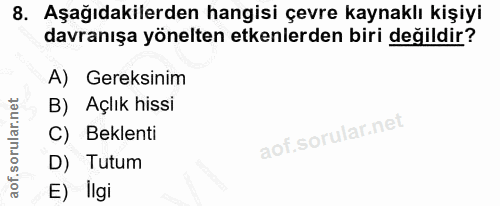 8. soru: Aşağıdakilerden hangisi çevre kaynaklı kişiyi davranışa yönelten etkenlerden biri değildir? A) Gereksinim B) Açlık hi…