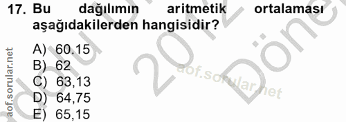 17. soru: Bu dağılımın aritmetik ortalaması aşağıdakilerden hangisidir? A) 60.15 B) 62 f.so 63,13 64,75 et E) 65,15