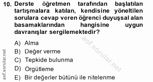 10. soru: Derste öğretmen tarafindan başlatılan tartışmalara katılan, kendisine yoneltilen sorulara cevap veren öğrenci duyuşsa…