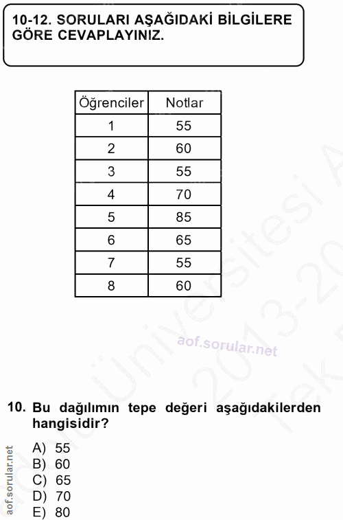 10. soru: 10-12. SORULARI AŞAĞIDAKİ BİLGİLERE GÖRE CEVAPLAYINIZ. Öğrenciler Notlar 1 55 2 60 3 55 4 70 5 85 6 65 55 8 60 10. Bu…