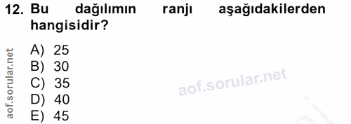 12. soru: Bu dağılımın ranji aşağıdakilerden hangisidir? A) 25 B) 30 C) 35 D) 40 E) 45