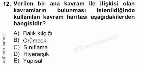 12. soru: Verilen bir ana kavram ile ilişkisi olan kavramların bulunması istenildiğinde kullanılan kavram haritası aşağıdakiler…