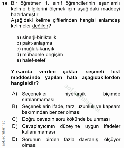 18. soru: Bir öğretmen 1. sınıf öğrencilerinin eşanlamlı kelime bilgilerini ölçmek için aşağıdaki maddeyi hazırlamıştır. Aşağıd…