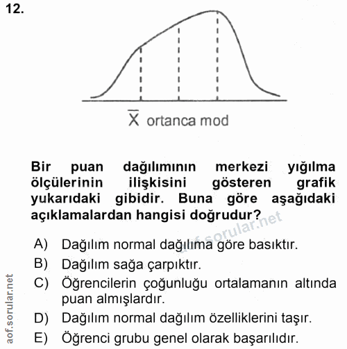 12. soru: X ortanca mod Bir puan dağılımının merkezi yığılma ölçülerinin ilişkisini gösteren grafik yukarıdaki gibidir. Buna gö…