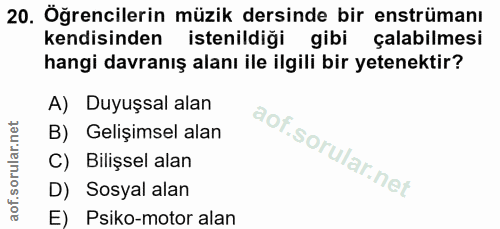 20. soru: Öğrencilerin müzik dersinde bir enstrümanı kendisinden istenildiği gibi çalabilmesi hangi davranış alanı ile ilgili b…