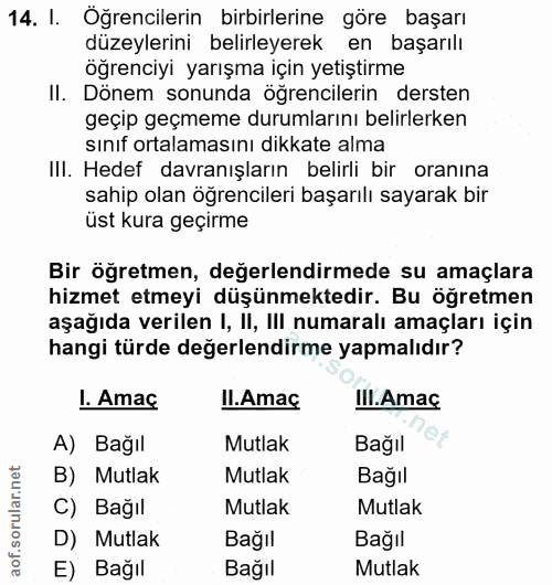 14. soru: I. Öğrencilerin birbirlerine göre başarı düzeylerini belirleyerek en başarılı öğrenciyi yarışma için yetiştirme II. D…