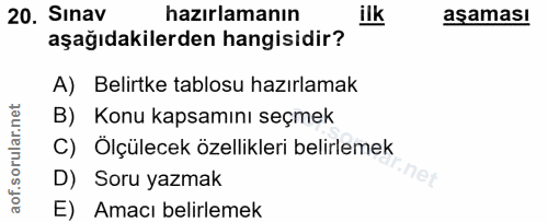 20. soru: Sınav hazırlamanın ilk aşaması aşağıdakilerden hangisidir? A) Belirtke tablosu hazırlamak B) Konu kapsamını seçmek C)…