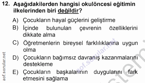 12. soru: Aşağıdakilerden hangisi okulöncesi eğitimin ilkelerinden biri değildir? A) Çocukların hayal güçlerini geliştirme B) İ…