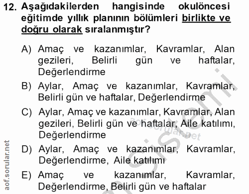 12. soru: Aşağıdakilerden hangisinde okulöncesi eğitimde yıllık planının bölümleri birlikte ve doğru olarak sıralanmıştır? A) A…