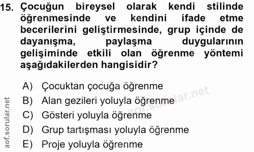 15. soru: Çocuğun bireysel olarak kendi stilinde öğrenmesinde ve kendini ifade etme becerilerini geliştirmesinde, grup içinde d…