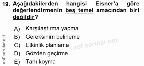 19. soru: Aşağıdakilerden hangisi Eisner'a göre değerlendirmenin beş temel amacından biri değildir? A) Karşılaştırma yapma B) G…