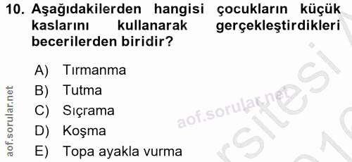10. soru: Aşağıdakilerden hangisi çocukların küçük kaslarını kullanarak gerçekleştirdikleri becerilerden biridir? A) Tırmanma B…