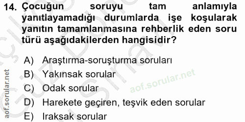 14. soru: Çocuğun soruyu tam anlamıyla yanıtlayamadığı durumlarda işe koşularak yanıtın tamamlanmasına rehberlik eden soru türü…