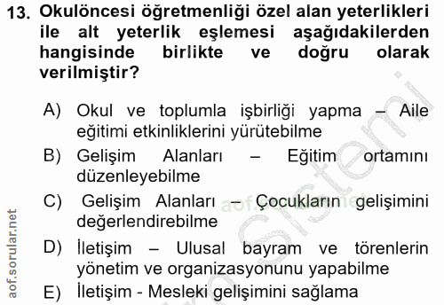13. soru: Okulöncesi öğretmenliği özel alan yeterlikleri ile alt yeterlik eşlemesi aşağıdakilerden hangisinde birlikte ve doğru…