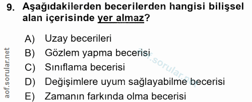 9. soru: Aşağıdakilerden becerilerden hangisi bilişsel alan içerisinde yer almaz? A) Uzay becerileri B) Gözlem yapma becerisi…