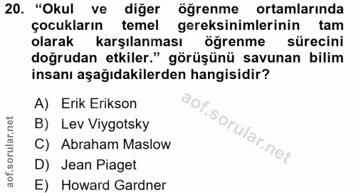 20. soru: "Okul ve diğer öğrenme ortamlarında çocukların temel gereksinimlerinin tam olarak karşılanması öğrenme sürecini doğru…