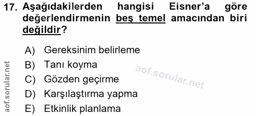 17. soru: Aşağıdakilerden hangisi Eisner'a göre değerlendirmenin beş temel amacından biri değildir? A) Gereksinim belirleme B)…