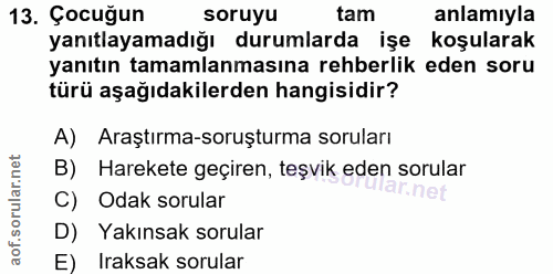 13. soru: Çocugun soruyu tam anlamıyla yanıtlayamadığı durumlarda işe koşularak yanıtın tamamlanmasına rehberlik eden soru türü…