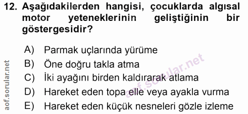 12. soru: Aşağıdakilerden hangisi, çocuklarda algısal motor yeteneklerinin geliştiğinin bir göstergesidir? A) Parmak uçlarında…