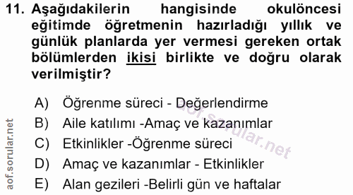 11. soru: Aşağıdakilerin hangisinde okulöncesi eğitimde öğretmenin hazırladığı yıllık ve günlük planlarda yer vermesi gereken o…