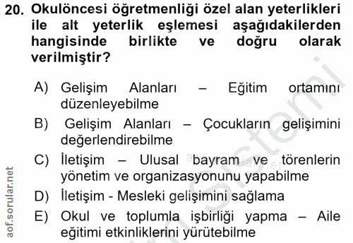 20. soru: Okulöncesi öğretmenliği özel alan yeterlikleri ile alt yeterlik eşlemesi aşağıdakilerden hangisinde birlikte ve doğru…