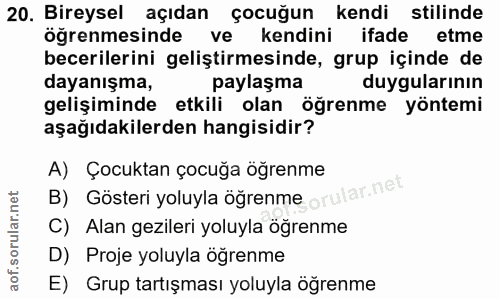 20. soru: Bireysel açıdan çocuğun kendi stilinde öğrenmesinde ve kendini ifade etme becerilerini geliştirmesinde, grup içinde d…