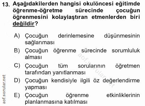 13. soru: Aşağıdakilerden hangisi okulöncesi eğitimde öğrenme-öğretme sürecinde çocuğun öğrenmesini kolaylaştıran etmenlerden b…