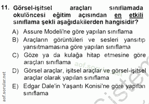 11. soru: Görsel-işitsel araçları sınıflamada okulöncesi eğitim açısindan en etkili sınıflama şekli aşağıdakilerden hangisidir?…