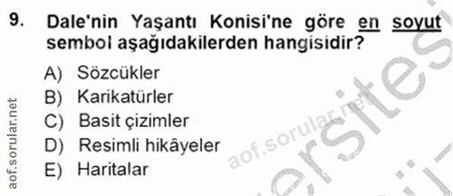 9. soru: Dale'nin Yaşantı Konsi'ne göre en soyut sembol aşağıdakilerden hangisıdir? A) Sözcükler B) Karikatürler C) Basit çizi…