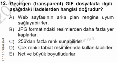 12. soru: Geçirgen (transparent) GIF dosyalarla ilgili aşağıdaki ifadelerden hangisi doğrudur? A) Web sayfasının arka plan reng…