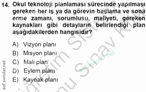 14. soru: Okul teknoloji planlaması sürecinde yapılması gereken her iş ya da görevin başiama ve sona erme zamanı, sorumlusu, ma…