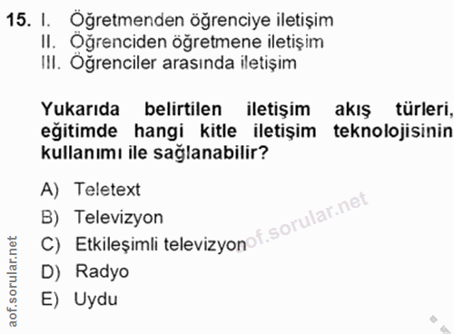 15. soru: I. Öğretmenden öğrenciye iletişim II. Oğrenciden öğretmene iletişim III. Oğrenciler arasında iletişim Yukarıda belirt…