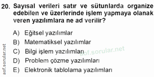20. soru: Sayısal verileri satır ve sütunlarda organize edebilen ve üzerlerinde işlem yapmaya olanak veren yazılımlara ne ad ve…
