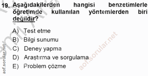 19. soru: Aşağıdakilerden hangisi benzetimlerle öğretimde kullanılan yöntemlerden biri değildir? A) Test etme B) Bilgi sunumu C…