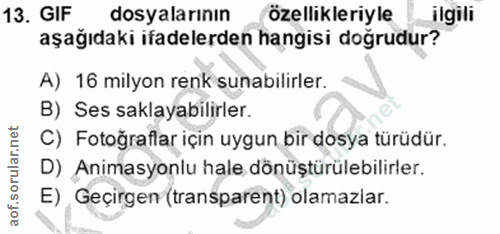 13. soru: GIF dosyalarının özellikleriyle ilgili aşağıdaki ifadelerden hangisi doğrudur? A) 16 milyon renk sunabilirler. B) Ses…
