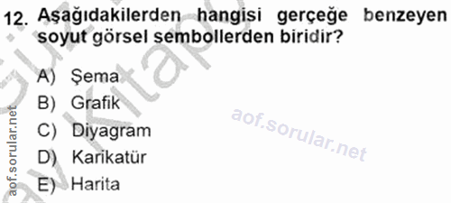12. soru: Aşağıdakilerden hangisi gerçeğe benzeyen soyut görsel sembollerden biridir? A) Şema B) Grafik C) Diyagram D) Karikatü…