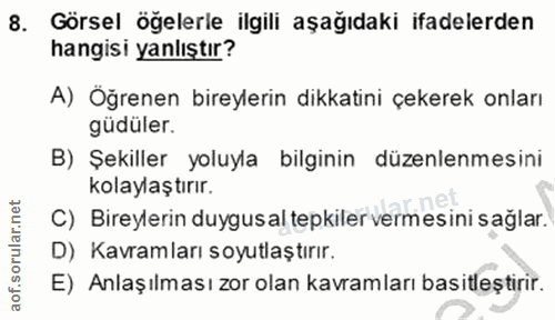 8. soru: Görsel öğelerle ilgili aşağıdaki ifadelerden hangisi yanlıştır? A) Öğrenen bireylerin dikkatini çekerek onları güdüle…