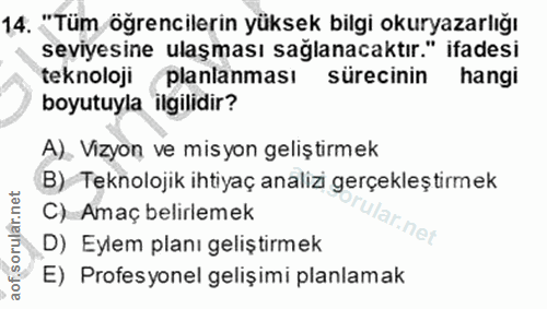 14. soru: "Tüm öğrencilerin yüksek bilgi okuryazarlığı seviyesine ulaşması sağlanacaktır." ifadesi teknoloji planlanması süreci…