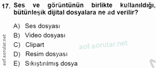 17. soru: Ses ve görüntünün birlikte kullanıldığı, bütünleşik dijital dosyalara ne ad verilir? A) Ses dosyası B) Video dosyası…