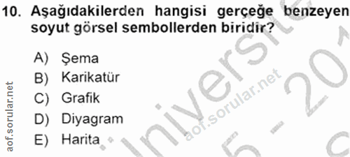 10. soru: Aşağıdakilerden hangisi gerçeğe benzeyen soyut görsel sembollerden biridir? A) Şema B) Karikatür C) Grafik niver: D)…