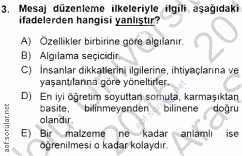 3. soru: Mesaj düzenleme ilkeleriyle ilgili aşağıdaki ifadelerden hangisi yanlıştır? A) Özellikler birbirine göre algılanır. B…
