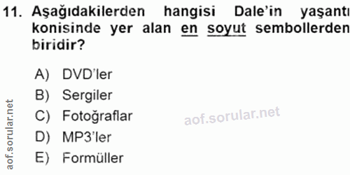 11. soru: Aşağıdakilerden hangisi Dale'in yaşantı konsinde yer alan en soyut sembollerden biridir? A) DVD'ler B) Sergiler C) Fo…
