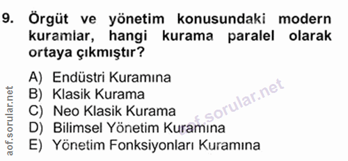 9. soru: Örgüt ve yönetim konusundaki modern kuramlar, hangi kurama paralel olarak ortaya çıkmıştır? A) Endüstri Kuramına B) K…